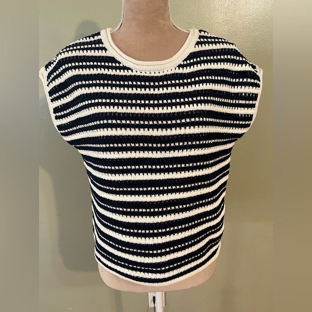 Joie Womens 100% Linen Gold Tiny Sequins Black and White Striped Knit Top M
